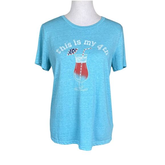 Lucky Brand This is My Fourth Sky Blue Soft Knit Short Sleeve Graphic July Tee - Picture 1 of 10